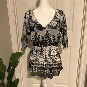 Apostrophe black and white v neck sheer tie waist beaded blouse size L